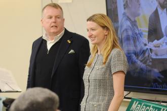 Gault (left) and District 4 City Council Member Virginia Maloney discuss the Irish American community’s role in the UFT and NYC politics.   