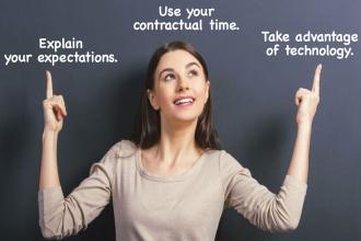 Woman pointing up at words that say, Explain your expectations, use your contractual time, take advantage of technology