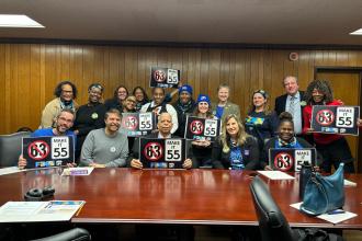 UFT District 28 members take a group photo with state Sen. Leroy Comrie during Lobby Day in Albany on March 16, 2026.