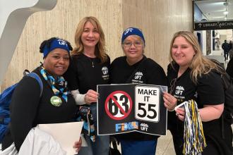 Manhattan members (from left) Alysha Lewis, paraprofessional rep at New Explorations into Science, Technology and Math HS; Cindy Lerner, chapter leader at PS 315; Carmen Rosado, paraprofessional rep at MS 378; and Amanda Dutton, chapter leader at PS 134, are all smiles as they arrive in Albany.