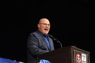 “We’ve got work to do,” UFT President Michael Mulgrew says as he rallies members in Albany before they separate into groups to meet with lawmakers during Lobby Day on March 16. 