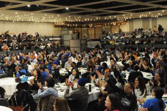 Members clap and cheer for Tier 6 reform and other legislative changes as they fill the hall at Albany’s Empire State Plaza Convention Center during Lobby Day on March 16. 