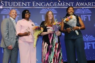 Award winners take a photo on stage during the inaugural UFT Middle School Awards on May 15, 2025. 
