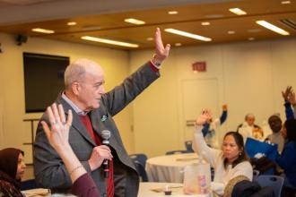 Members pose questions of UFT Assistant Treasurer and Teachers’ Retirement Board member Tom Brown during a discussion about pensions.