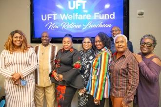 New retirees from District 75 and District 23 in Brooklyn are dressed to the nines for the celebration at UFT headquarters.