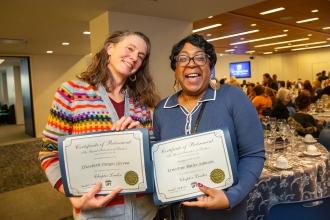 New retirees Elizabeth Sturges Llerena, who worked at Flushing International HS, and Ernestine Butler-Johnson, who worked at Eagle Academy for Young Men III in Queens. proudly display the certificates of appreciation they received for serving as chapter leaders.