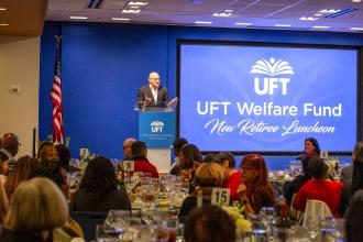  UFT President Michael Mulgrew congratulates retirees for making it through the “toughest, biggest, hardest school system in the United States.”