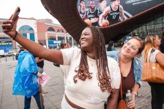 New teachers Malkia Benoit of PS 152 in the Bronx and Maria Walker of PS 140 in the Bronx take a selfie