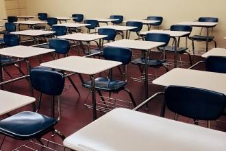 Desks in an empty classroom