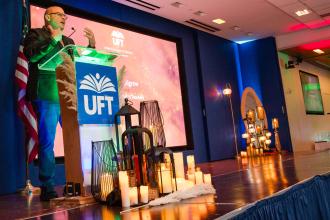 UFT President Michael Mulgrew greets the childcare providers in attendance, telling them: “You deserve to be respected for your work and to be paid a respectable rate.”