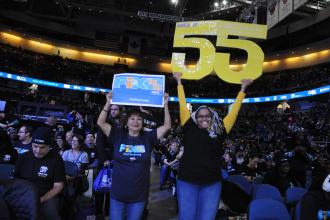 UFT members march through the stands of the MVP Arena during their Tier 6 Rally in Albany..