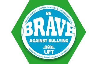 Green hexagon with logo that says "Be BRAVE Against Bullying"