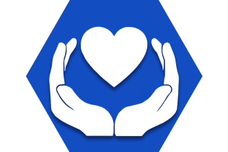 Blue hexagon showing two hands holding a heart