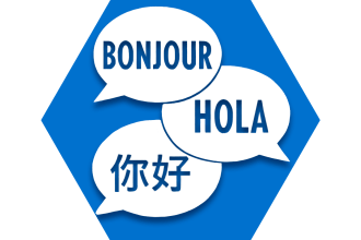 Hexagon with blue background and speech bubbles with text in different languages