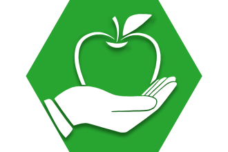Hexagon with green background and symbol of hand holding apple