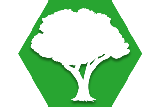Hexagon with green background and symbol of tree representing UFT Outdoors Committee