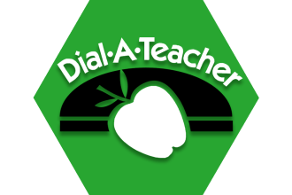 Green hexagon with symbol of an apple and text reading Dial-A-Teacher