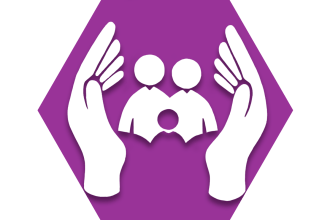 Purple hexagon showing outline of two hands surrounding figures