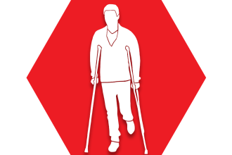 Red hexagon showing image of a person on crutches
