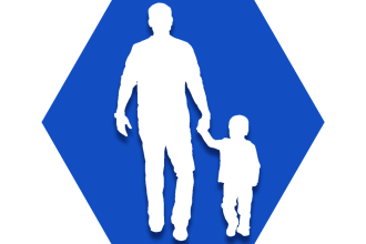 Hexagon with blue background showing outline of adult holding child hand