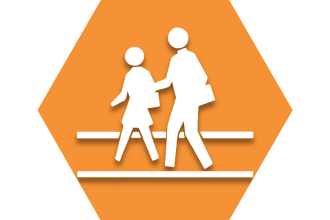 Orange hexagon with adult and child walking