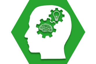 Green hexagon with symbol of a head with gears inside that show a brain and lightbulb, representing UFT Teacher Leadership