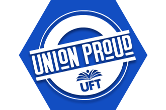 Blue hexagon showing outline of UFT logo and Union Proud