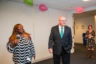 School Nurses Chapter Leader Cynthia Bennett welcomes UFT President Michael Mulgrew at the 2024 School Nurses Appreciation Dinner on May 8, 2024
