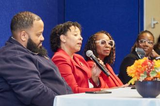 A group of panelists have a discussion at a UFT Divine Nine Committee election panel on Oct. 8 at UFT headquarters in Manhattan. 