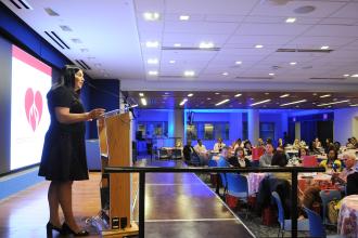 UFT Vice President Anne Goldman, who heads the Federation of Nurses/UFT addresses the crowd in attendance at the 2024 Nurses Recognition Dinner on May 9, 2024