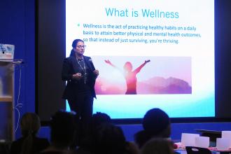 Presenter Pina LoGuidice leads school psychologists in a deep dive into the meaning of “wellness" during Psychologist Appreciation Day held at UFT headquarters on Nov. 8, 2024.