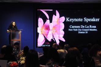 A keynote speaker delivers her speech