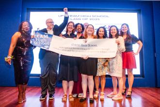 Enthusiastic educators from Team High School Award recipient Curtis HS on Staten Island beam with pride as they accept the award for their school during the UFT Academic High School Awards on April 25, 2025. 