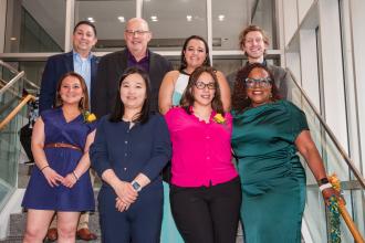A group of honorees at the UFT Academic High Schools Awards celebration on May 15, 2026 take a group photo with UFT leadership. 