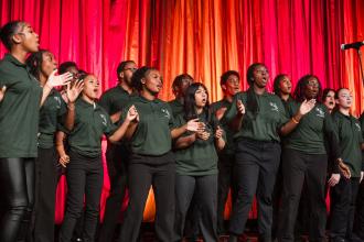 Members of the Edward R. Murrow HS gospel chorus entertain the attendees during the dinner portion of the 2025 UFT Career and Technical Education Awards at the Sheraton New York Times Square Hotel on Feb. 26, 2025.