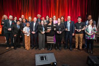 Manhattan CTE award winners take a group photo with UFT representatives at the 2025 UFT Career and Technical Education Awards at the Sheraton New York Times Square Hotel on Feb. 26, 2025.