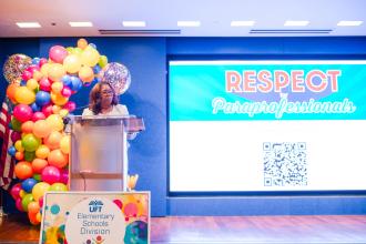 UFT VP for Elementary Schools Karen Alford welcomes attendees to the UFT Early Childhood Conference on April 5, 2025. 