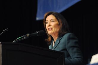 Gov. Kathy Hochul speaks to UFT members at Lobby Day in Albany on March 10, 2025. 