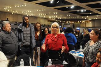 State Rep. Maritza Davila of Brooklyn responds to concerns and questions from District 32 members in the Convention Center during Lobby Day in Albany on March 10, 2025.