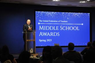 UFT President Michael Mulgrew speaks during the inaugural UFT Middle School Awards on May 15, 2025. 