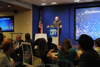 UFT President Michael Mulgrew greets middle school educators and their families, saying: “Whatever it takes, middle school educators figure it out.”