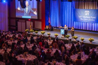 UFT President Michael Mulgrew speaks on stage at the UFT New Retiree Luncheon on Dec. 5, 2024. 