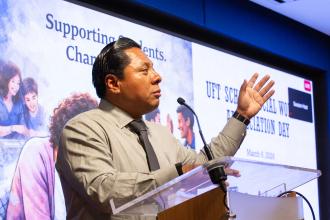 Raul Garcia, a bilingual school psychologist and the chapter leader of the UFT Social Workers and Psychologists Chapter, welcomes members, saying a sense of community is needed now more than ever.