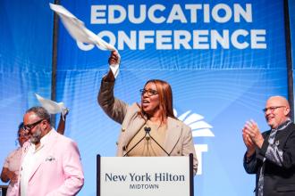 New York State Attorney General Letitia James is introduced to thunderous applause and rallies attendees with an inspiring speech at the 2026 UFT Spring Education Conference