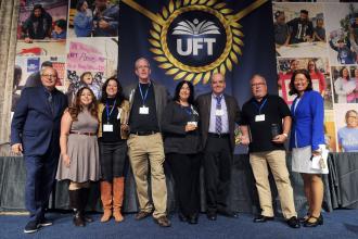Occupational and Physical Therapists Chapter Leader Thomas Ayrovainen (second right) and members of his chapter’s political action team are all smiles after they receive the David Wittes Award for their successful campaign to get Board of Education Retirement System members the right to join the Teachers’ Retirement System. Congratulating them are UFT President Michael Mulgrew (far left) and the teacher-members of the New York City Teachers’ Retirement Board Christina McGrath, Tom Brown and Victoria Lee. 