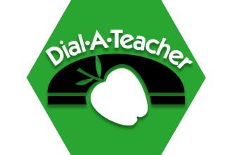 Green hexagon with symbol of an apple and text reading Dial-A-Teacher