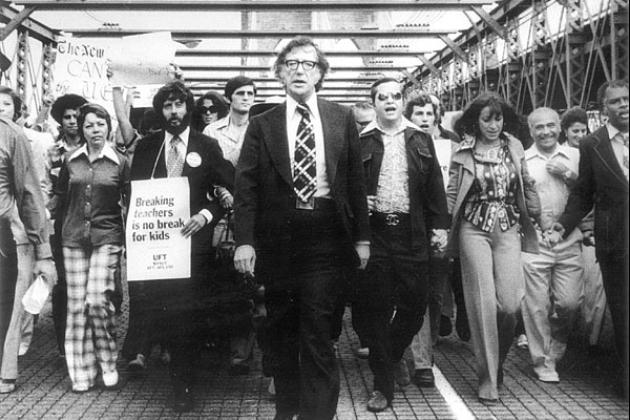 Shanker leads UFT march across Brooklyn Bridge