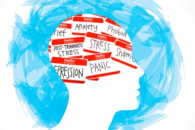 Image of brain with common mental health issues in words