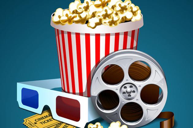 Popcorn, a movie reel and 3d glasses