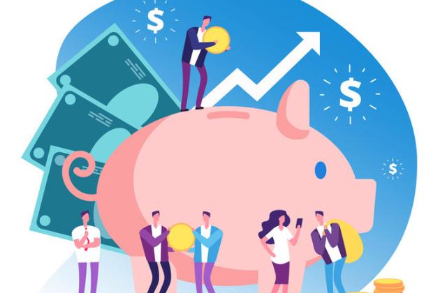 People standing in front of piggy bank with arrows up for financial growth